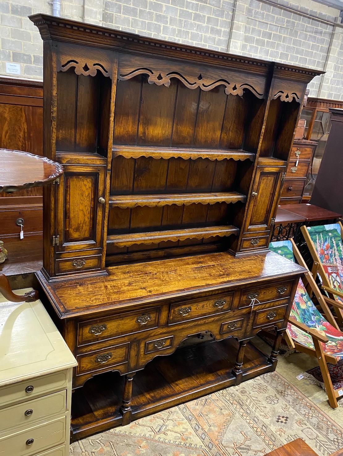 An 18th century style mahogany banded oak potboard dresser with boarded rack, width 167cm, depth 48cm, height 204cm